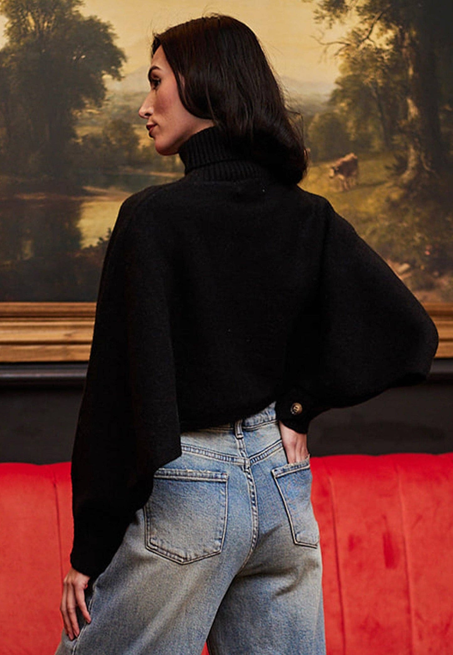 Turtle Neck Cropped Knit Jumper in Black