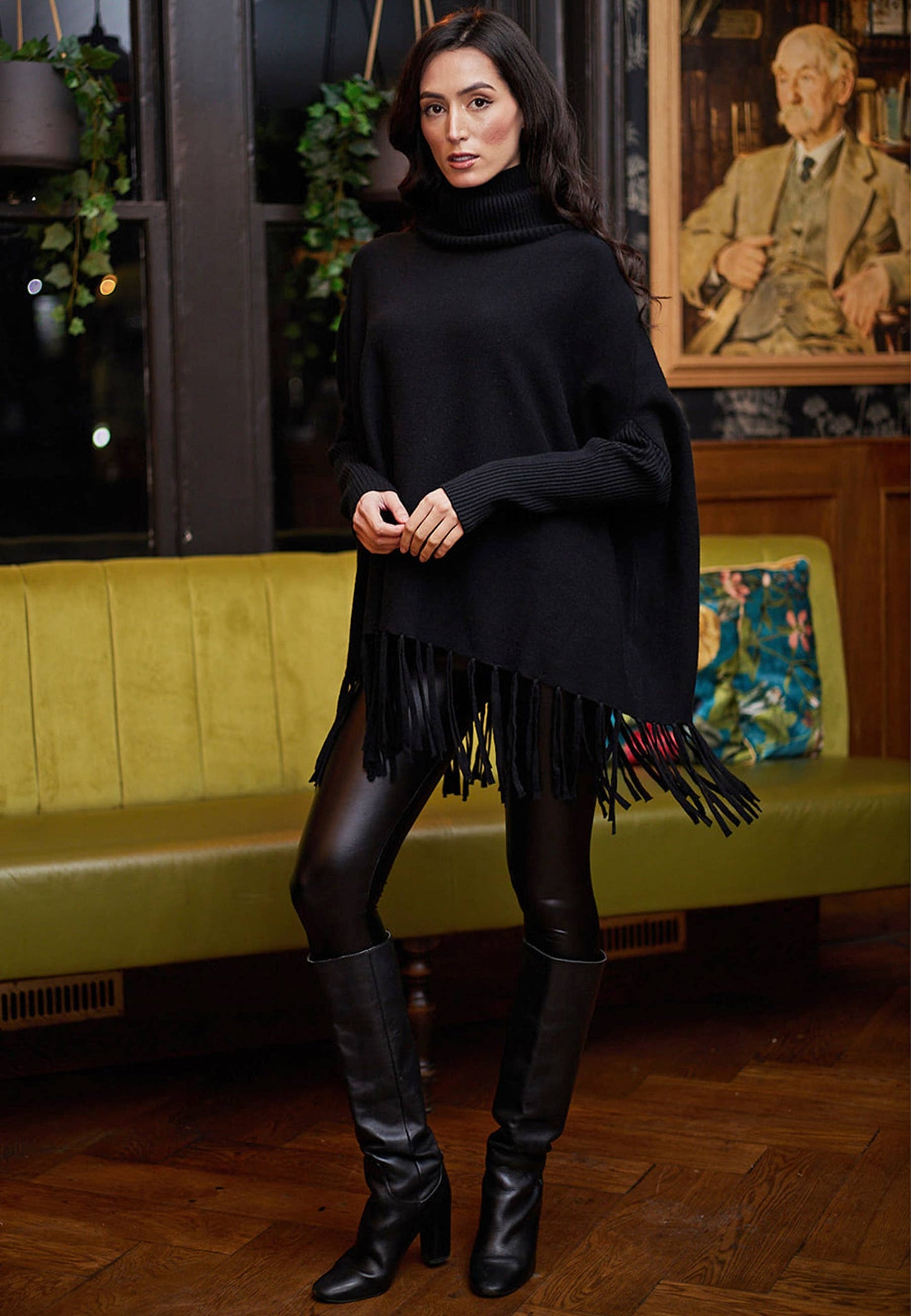 High Neck Oversized Jumper With Tassel Hem In Black