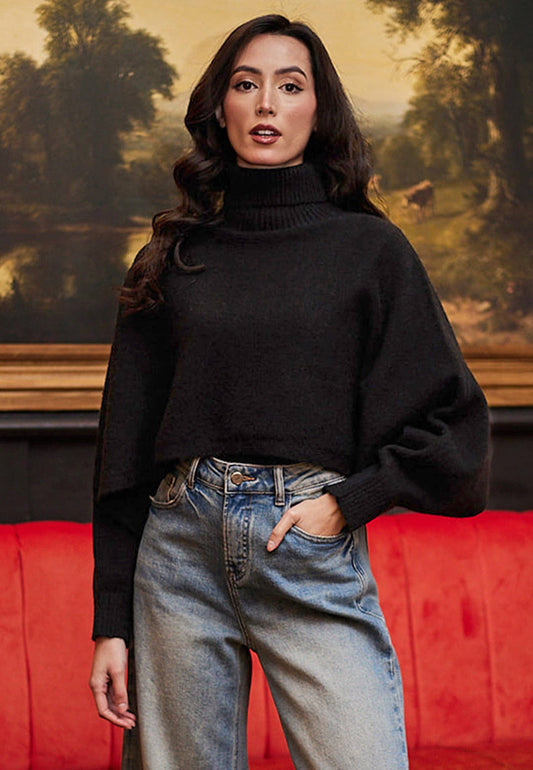 Turtle Neck Cropped Knit Jumper in Black