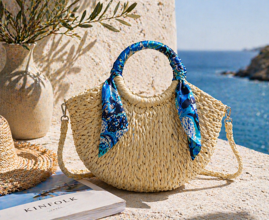 Scarf Grab Bag Woven Straw Effect Shoulder Crossbody Bag Zip Top