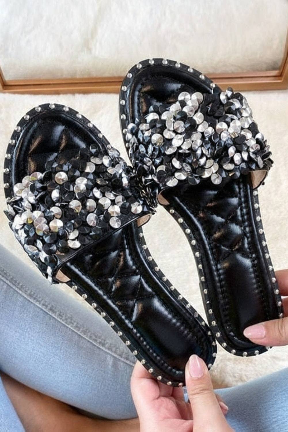 No Doubt Shoes - Black Crystal Embellished Slide Sandals
