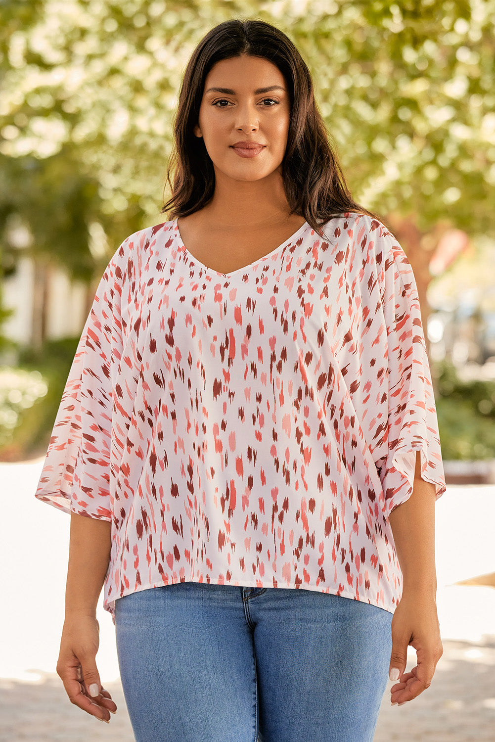 Pink Printed 3/4 Dolman Sleeve Plus Size Blouse