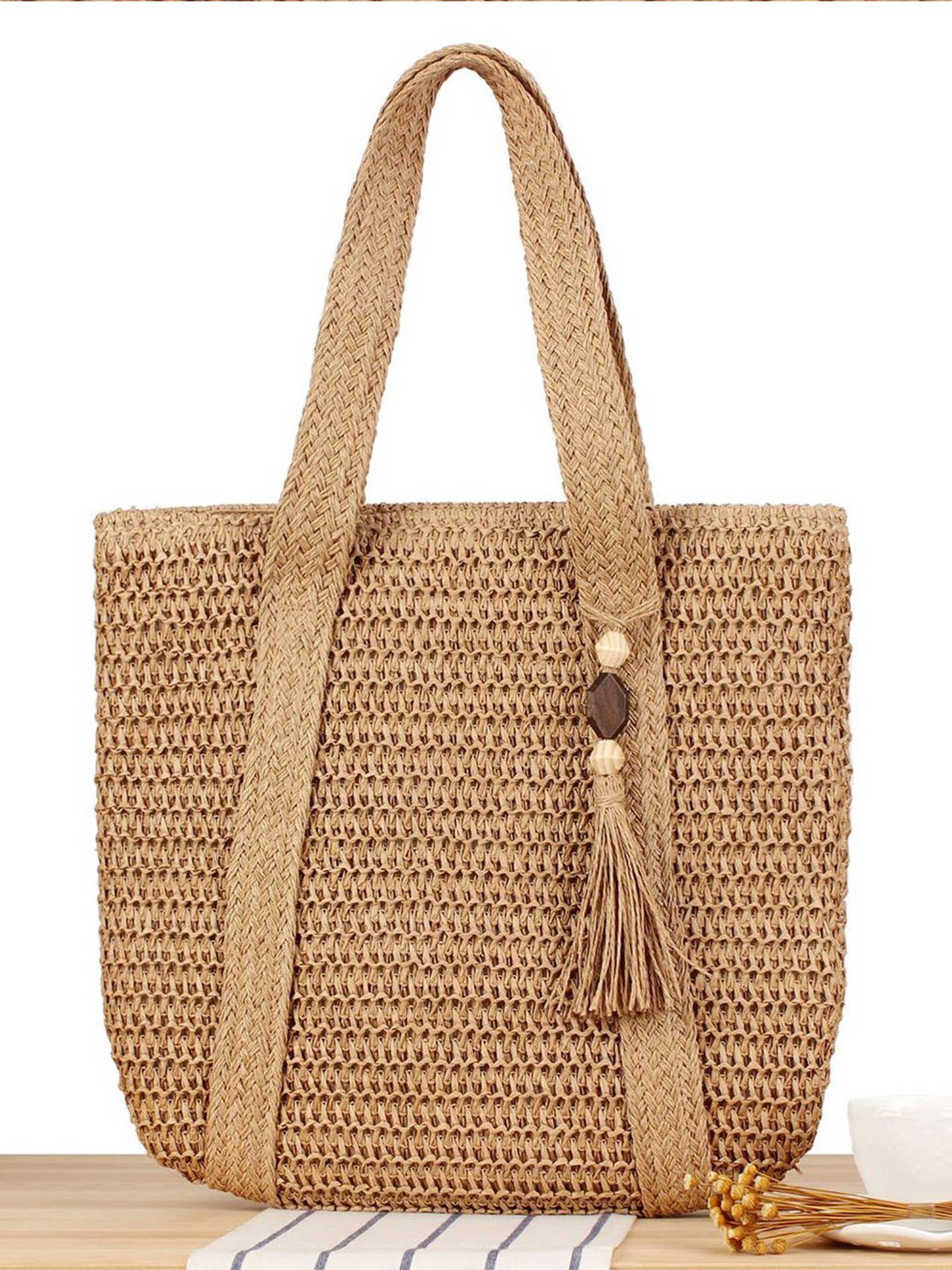 Large Paper Straw Tote Bag | Summer Beach Shoulder Bag