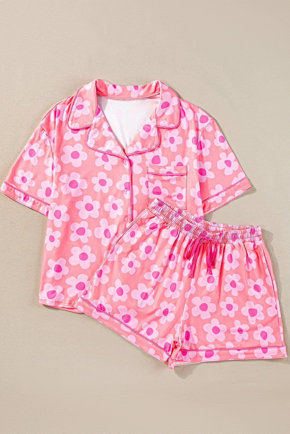 Pink Flower Print Short Sleeve Shirt Pajamas Set