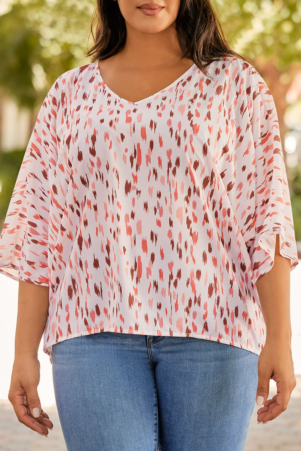 Pink Printed 3/4 Dolman Sleeve Plus Size Blouse