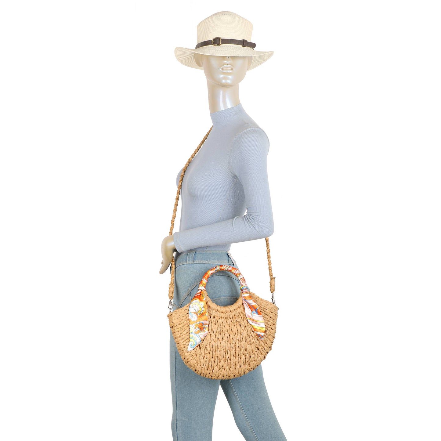 Scarf Grab Bag Woven Straw Effect Shoulder Crossbody Bag Zip Top