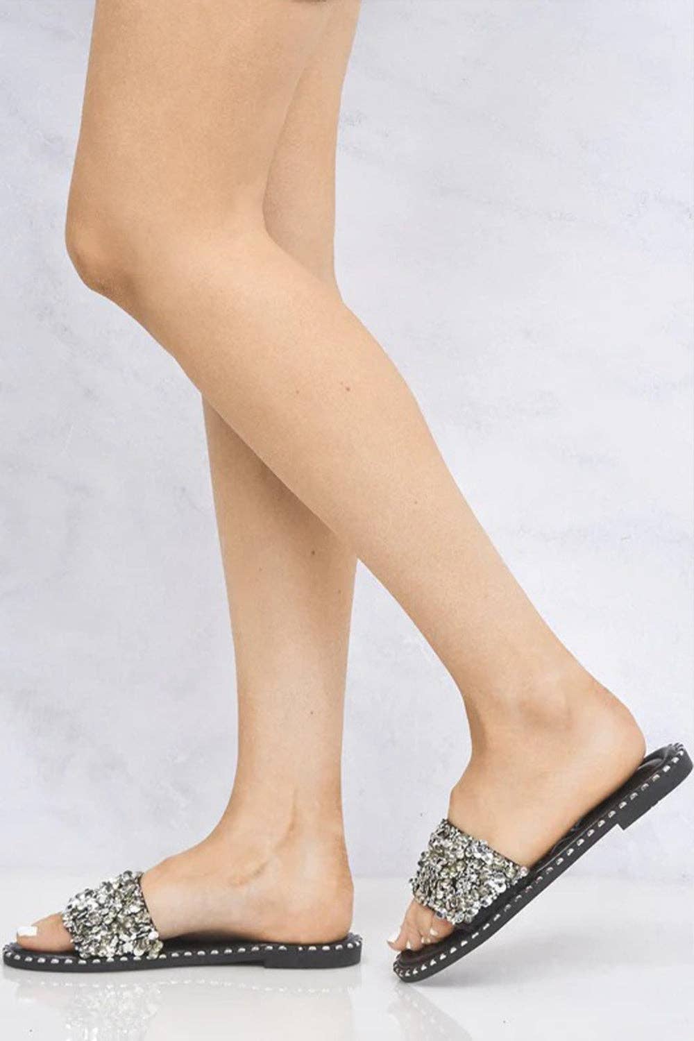 No Doubt Shoes - Black Crystal Embellished Slide Sandals