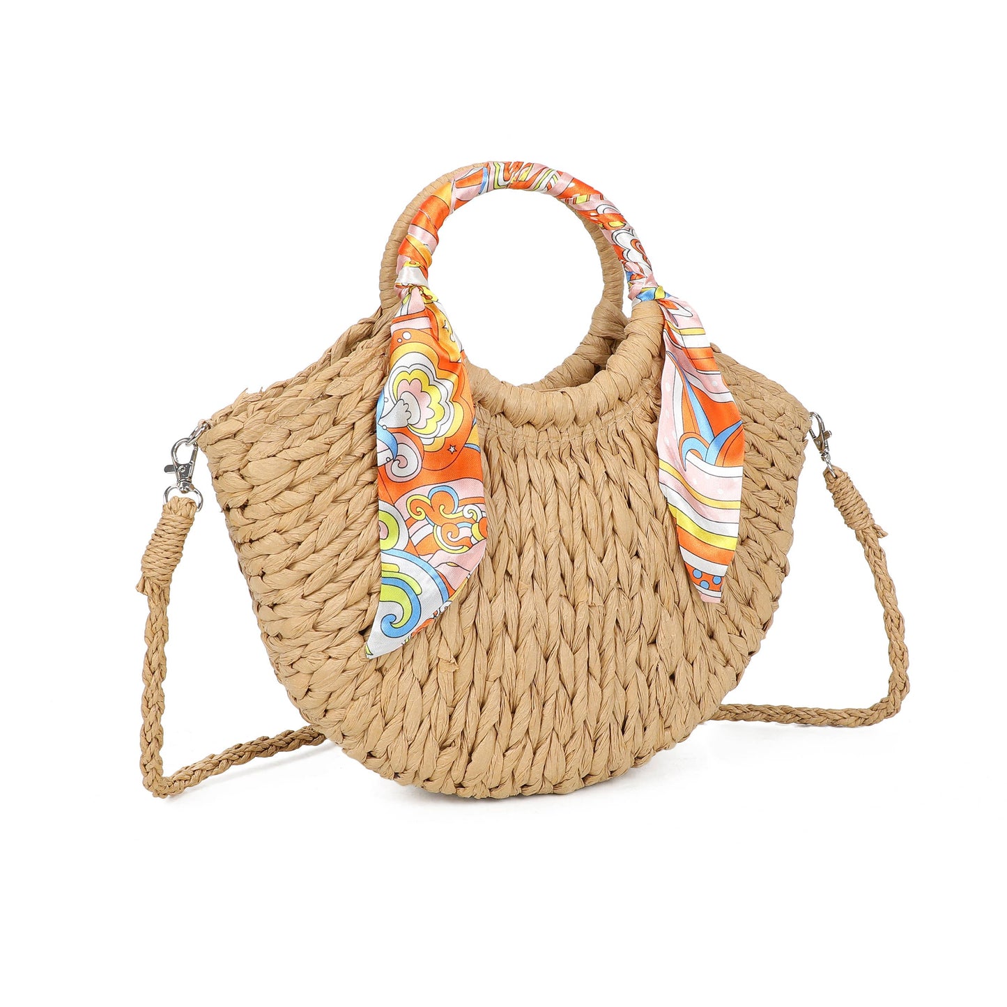 Scarf Grab Bag Woven Straw Effect Shoulder Crossbody Bag Zip Top