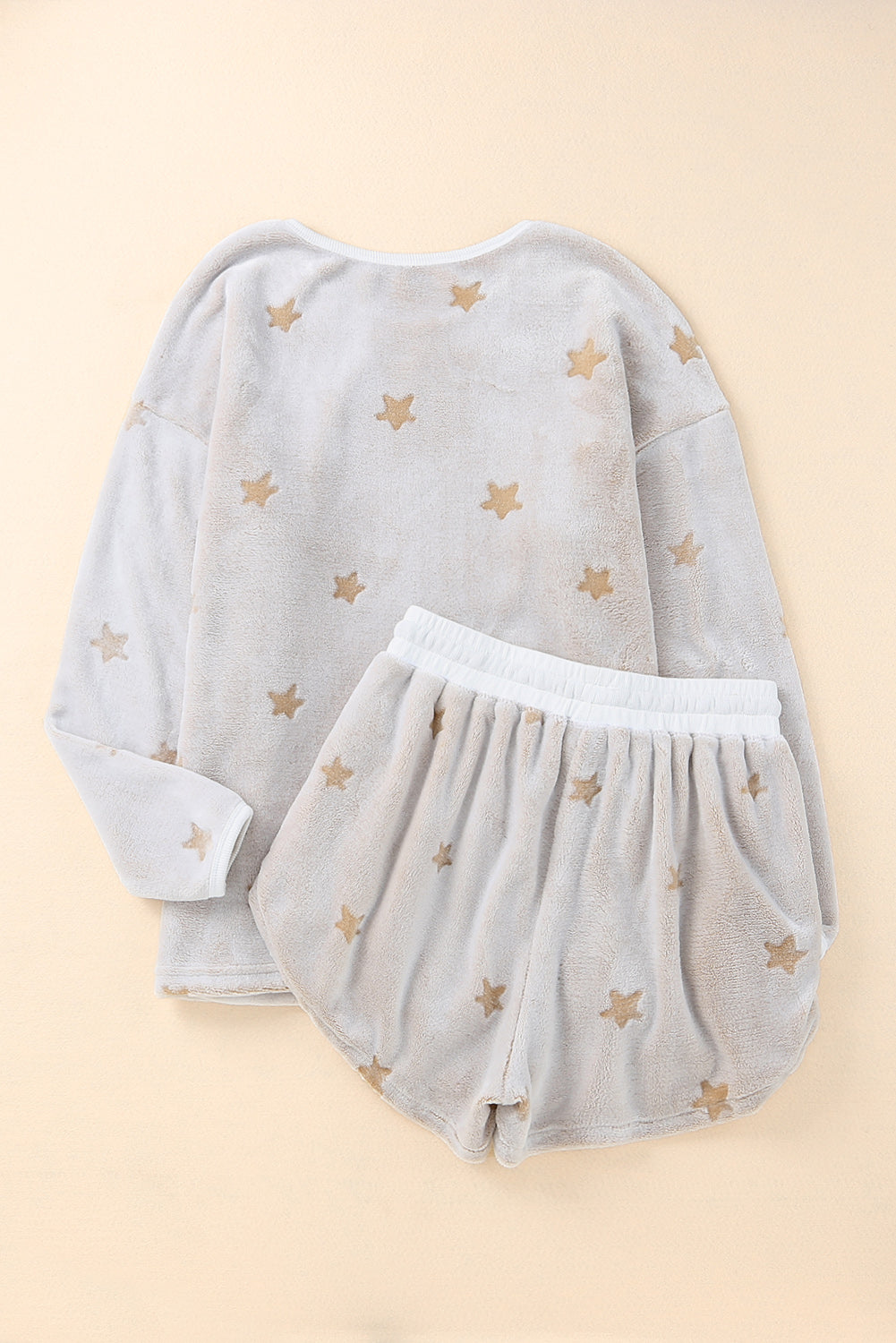 White Plush Star Pattern Long Sleeve Pullover and Shorts Lounge Set