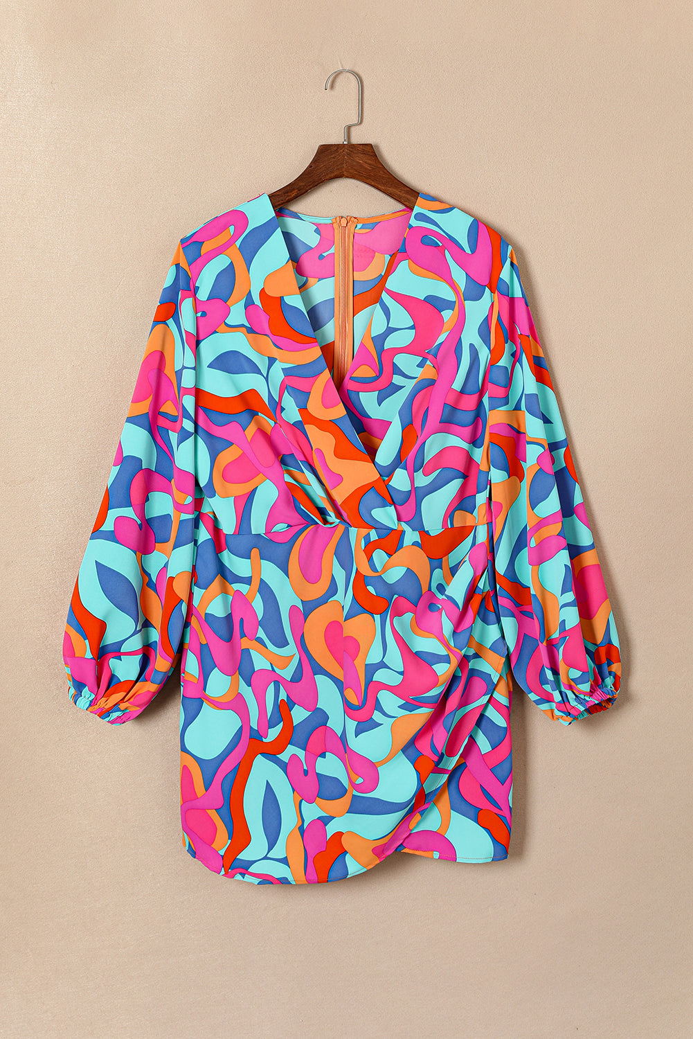 Multicolor Plus Size Abstract Print Pleated Surplice Long Sleeve Dress