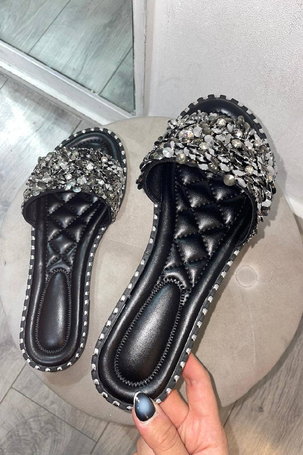 No Doubt Shoes - Black Crystal Embellished Slide Sandals