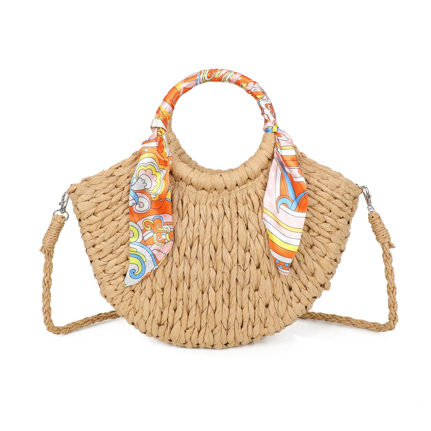 Scarf Grab Bag Woven Straw Effect Shoulder Crossbody Bag Zip Top