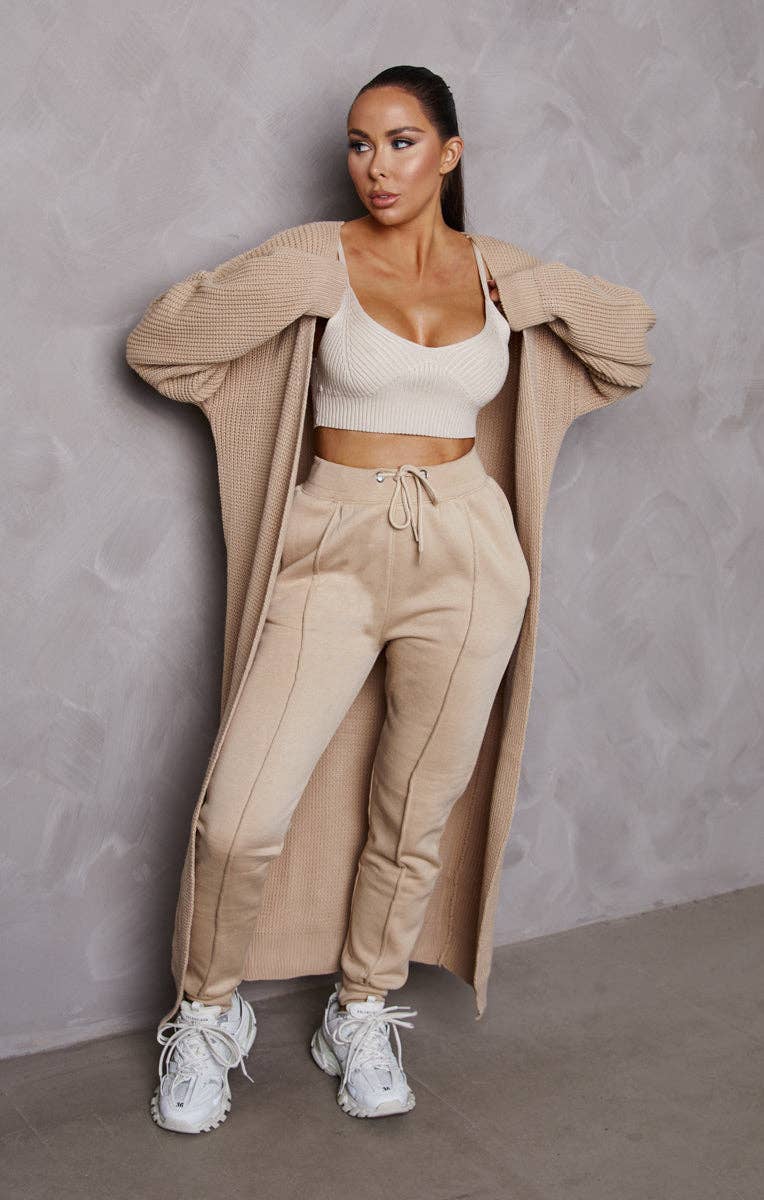 Stone Knitted Long Puff Sleeve Midi Longline Cardigan