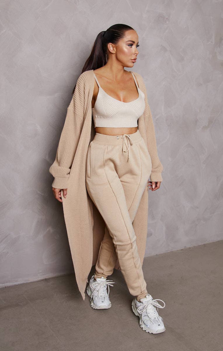 Stone Knitted Long Puff Sleeve Midi Longline Cardigan