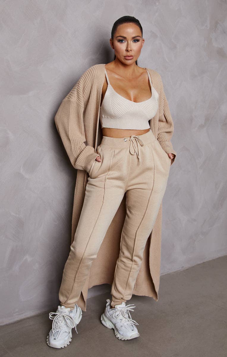 Stone Knitted Long Puff Sleeve Midi Longline Cardigan